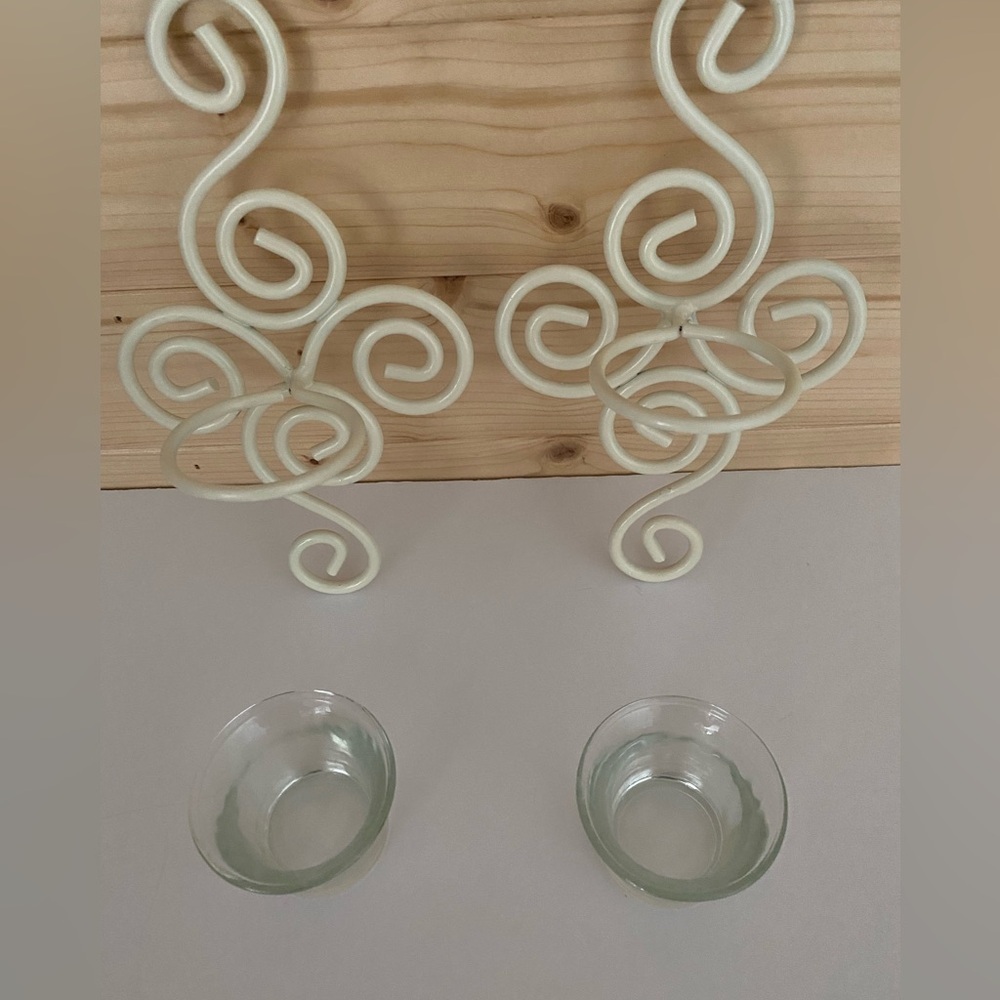 Wall Sconces Wrought Iron Ivory Beige Set of 2 with Glass Tea Light Holder - Picture 4 of 8